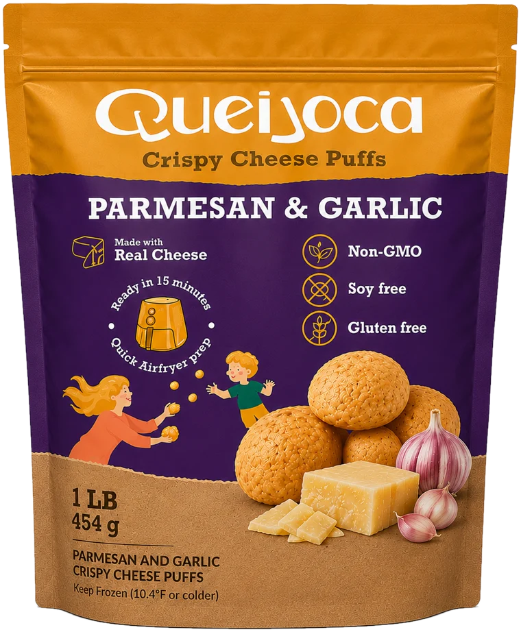 Queijoca Parmesan and Garlic crispy cheese puffs package
